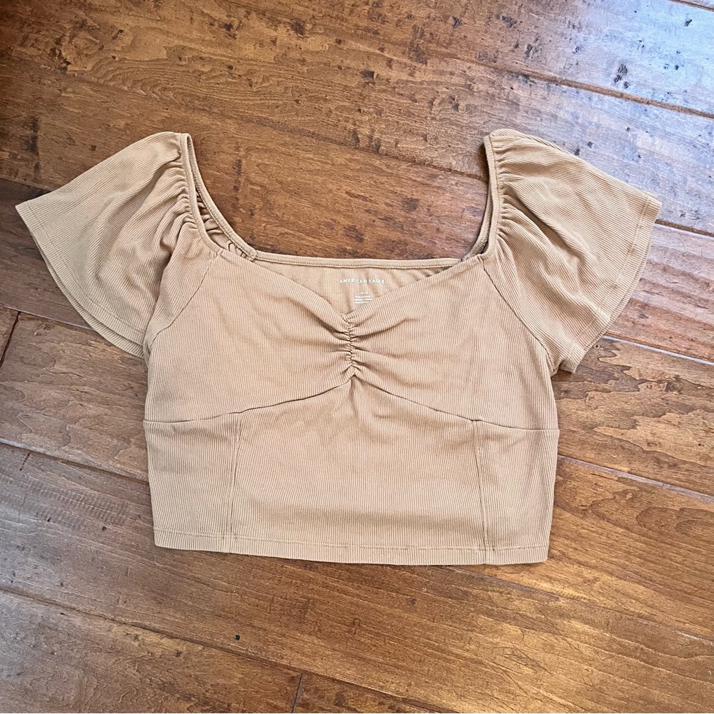 American Eagle Cropped Ribbed Flutter Sleeve Top - Brown - Size Large